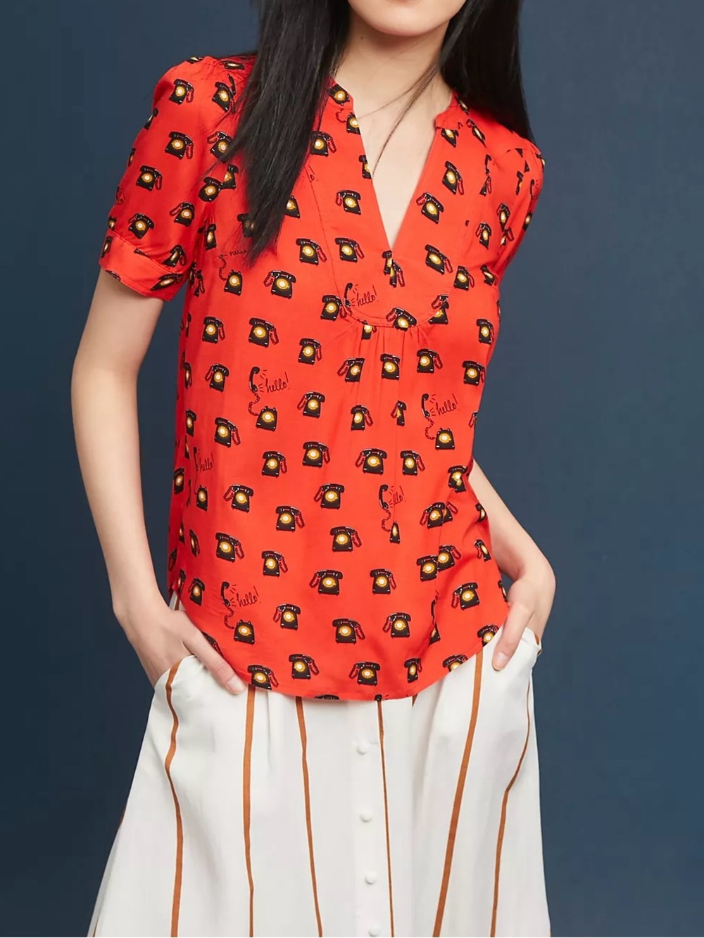 Anthropologie 52 Conversations Colloquial Blouse Red Telephone
Print Sz 12
